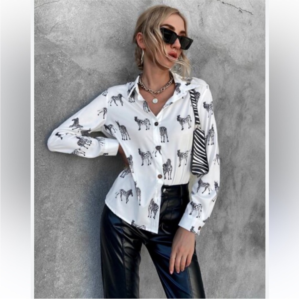 Zara White and Black Zebra Pattern Button-Down Shirt